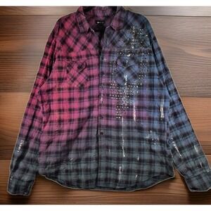 Y2k Punk Krush 3X Studded Plaid Shirt Pink Blue Distressed Made‎ USA